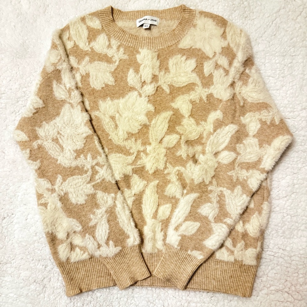 Cream and Tan Floral Fuzzy Crewneck Sweater